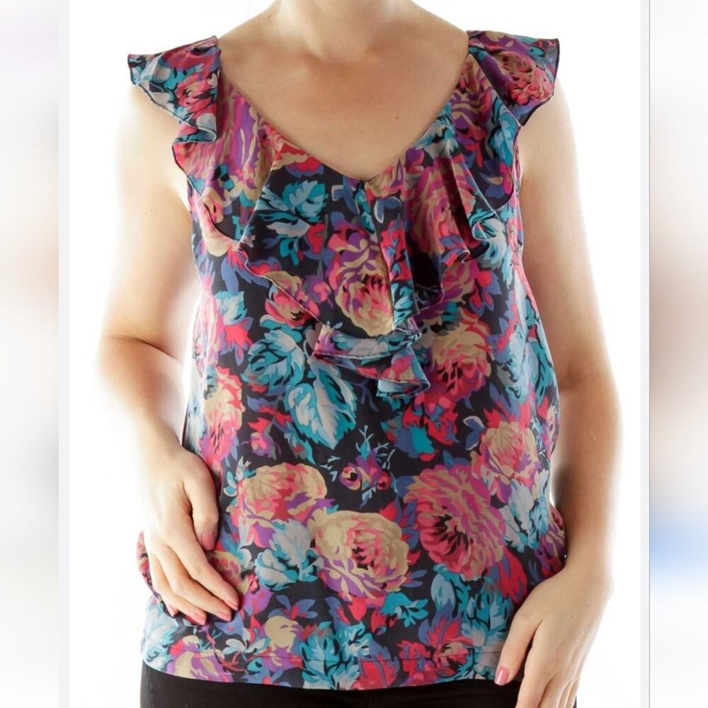 Anthropologie Moulinette Soeurs 100% Silk Floral Ruffle Sleeveless Blouse Size 6